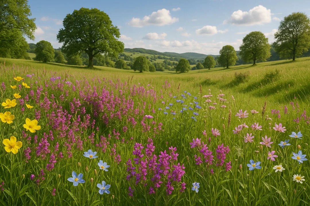 Blumenwiese mit Wildblumen und Bäumen