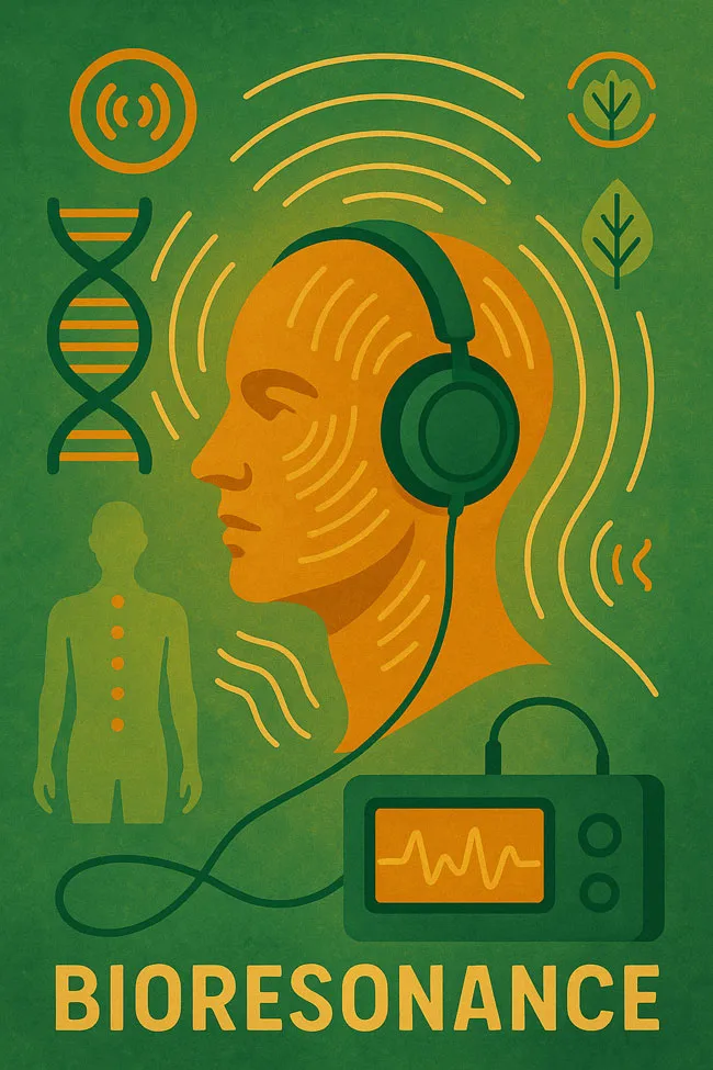 Grafik: Kopf mit Kopfhörern, DNA und Bioresonanz-Gerät