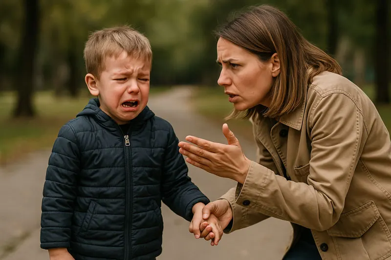 Mutter spricht mit ihrem weinenden kleinen Sohn