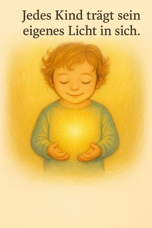 Illustration: Kind mit Licht in den Händen und dem Satz Jedes Kind trägt sein eigenes Licht in sich