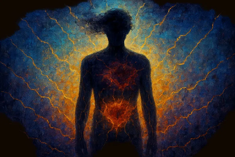 Ilustrație: silueta unui om cu linii de tensiune luminoase, imagine pentru stres